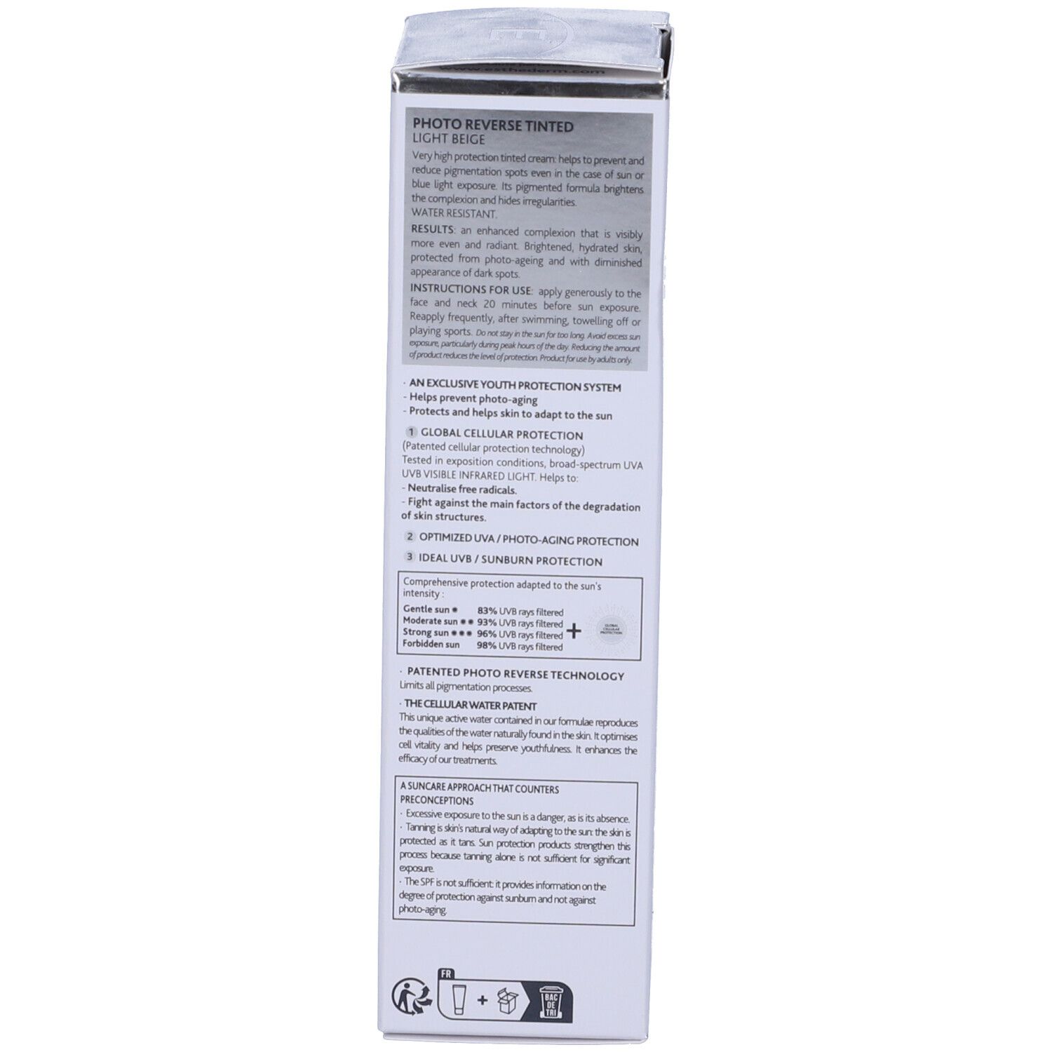 Seite der Produktverpackung. Text in mehreren Sprachen. Informationen zum Produkt.
