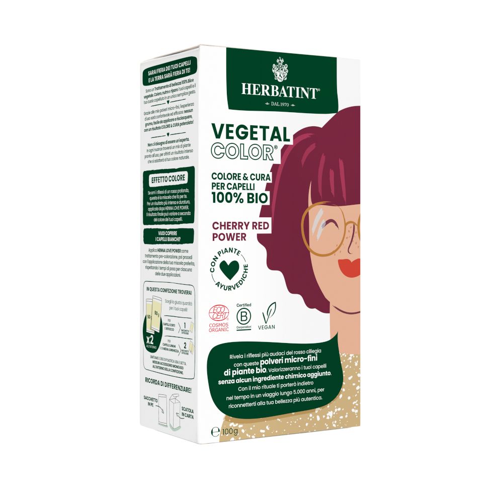 HERBATINT VEGETAL COLOR Cherry Red Power. Verpackung mit Illustration einer Frau. Bio-Zertifizierung, vegan.