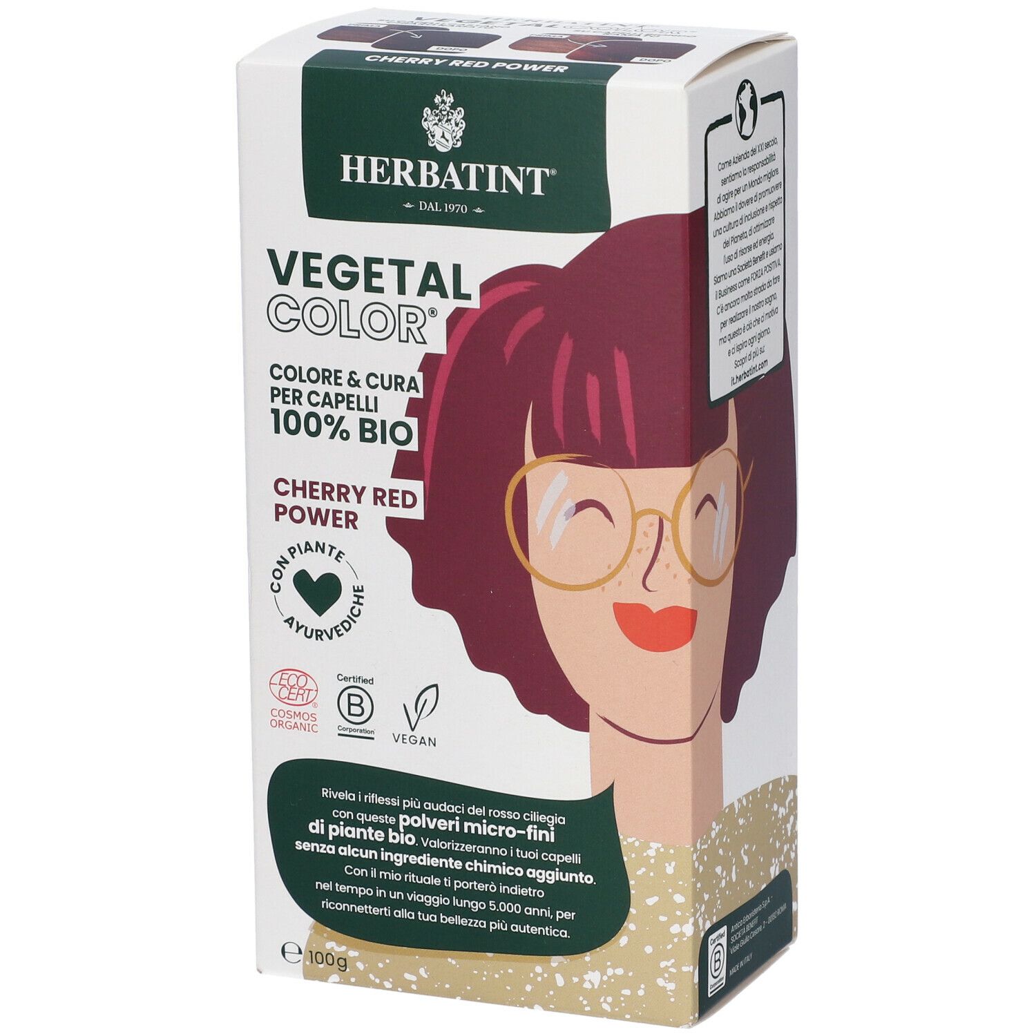HERBATINT VEGETAL COLOR Cherry Red Power. Verpackung mit Illustration einer Frau. Bio-Zertifizierung, vegan.