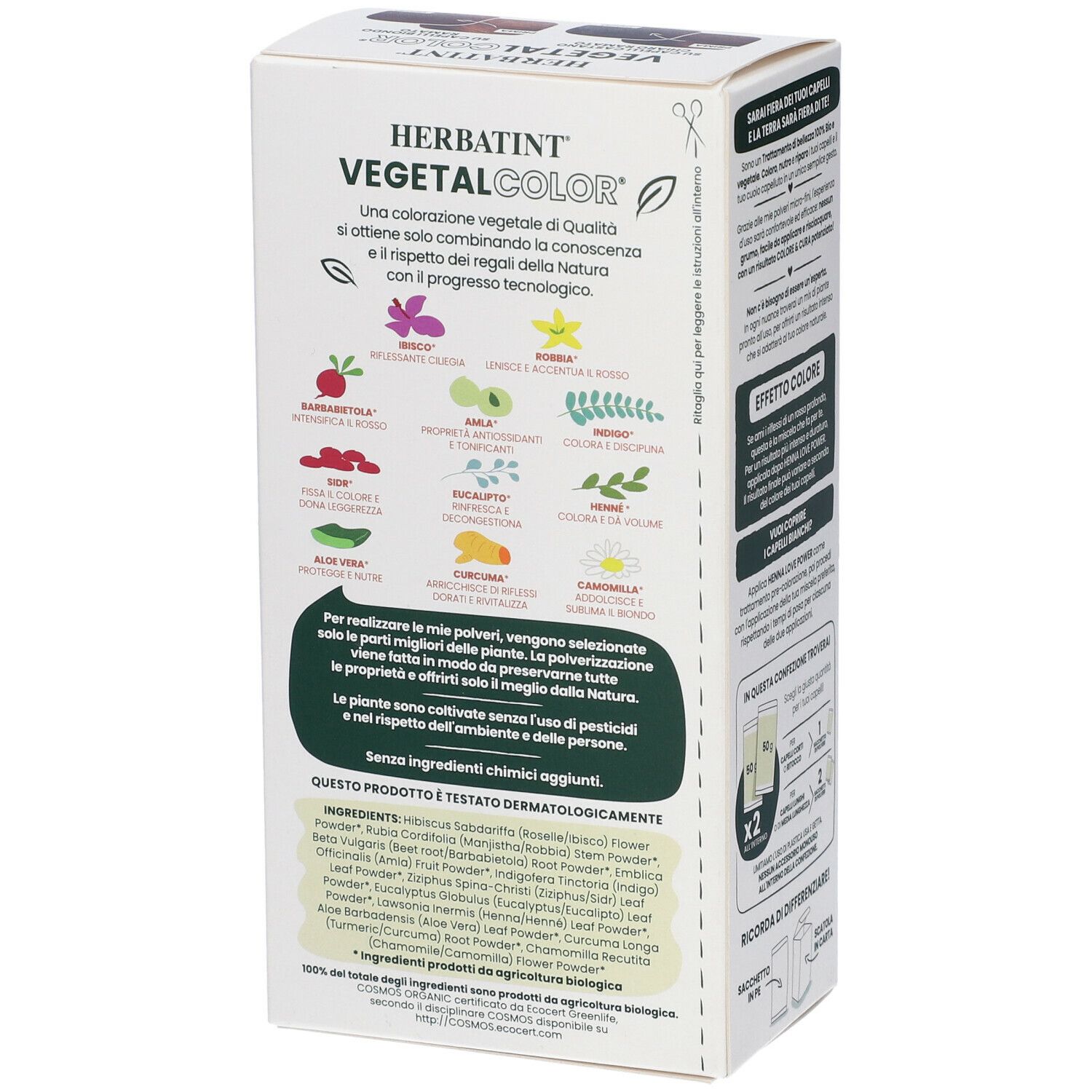 HERBATINT VEGETAL COLOR Verpackung. Seite mit Informationen zur Nachhaltigkeit und Zertifizierungen.