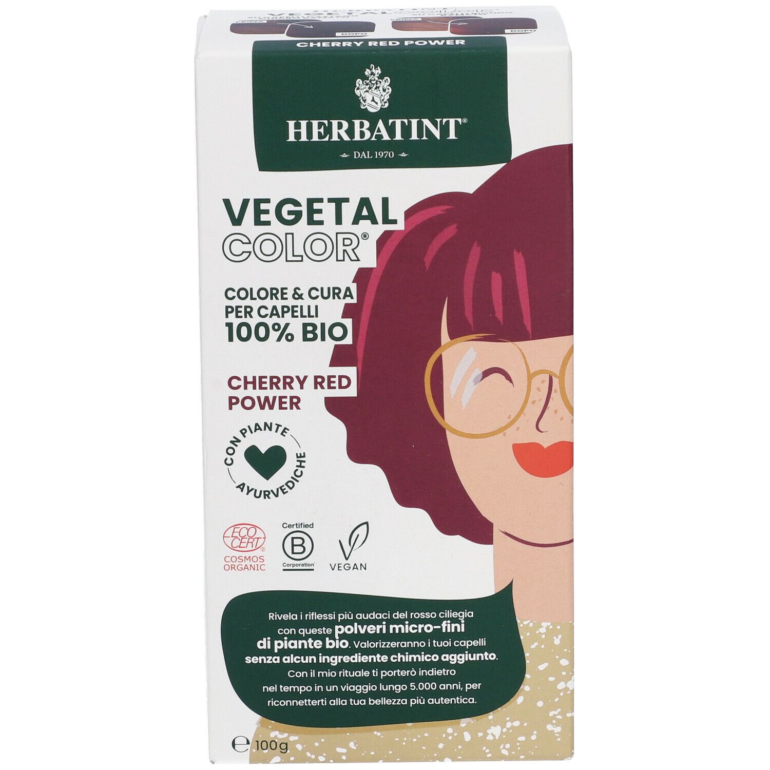 HERBATINT VEGETAL COLOR Cherry Red Power. Verpackung mit Illustration einer Frau. Bio-Zertifizierung, vegan.