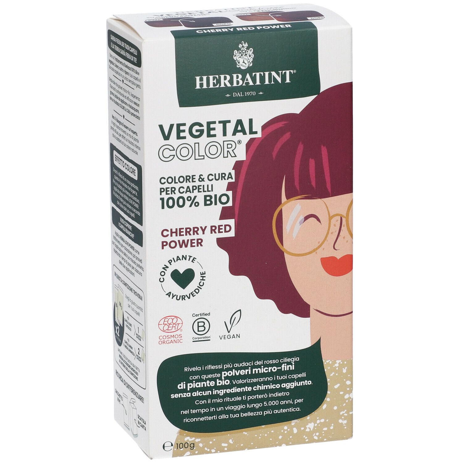 HERBATINT VEGETAL COLOR Cherry Red Power. Verpackung mit Illustration einer Frau. Bio-Zertifizierung, vegan.