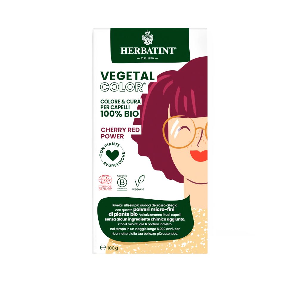 HERBATINT VEGETAL COLOR Cherry Red Power. Verpackung mit Illustration einer Frau. Bio-Zertifizierung, vegan.