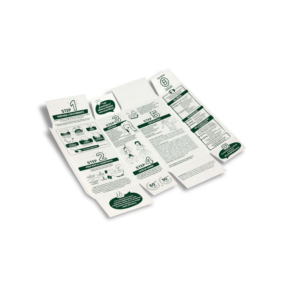Faltblatt mit Anweisungen für HERBATINT VEGETAL COLOR. Mehrere Schritte, Illustrationen und Text.