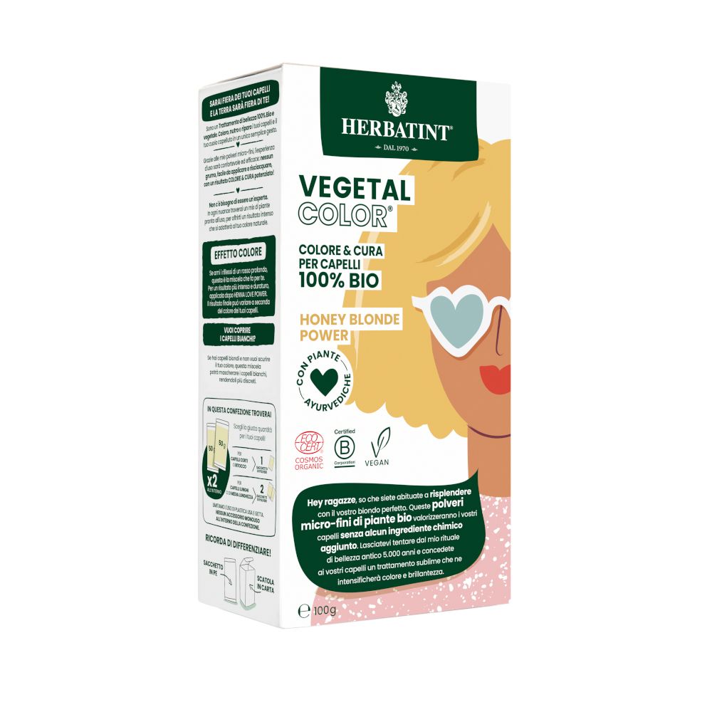 HERBATINT VEGETAL COLOR Honey Blonde Power. Boîte avec illustration et texte. Certifications vegan et bio.