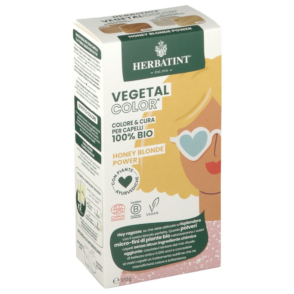 HERBATINT VEGETAL COLOR Honey Blonde Power. Boîte avec illustration et texte. Certifications vegan et bio.