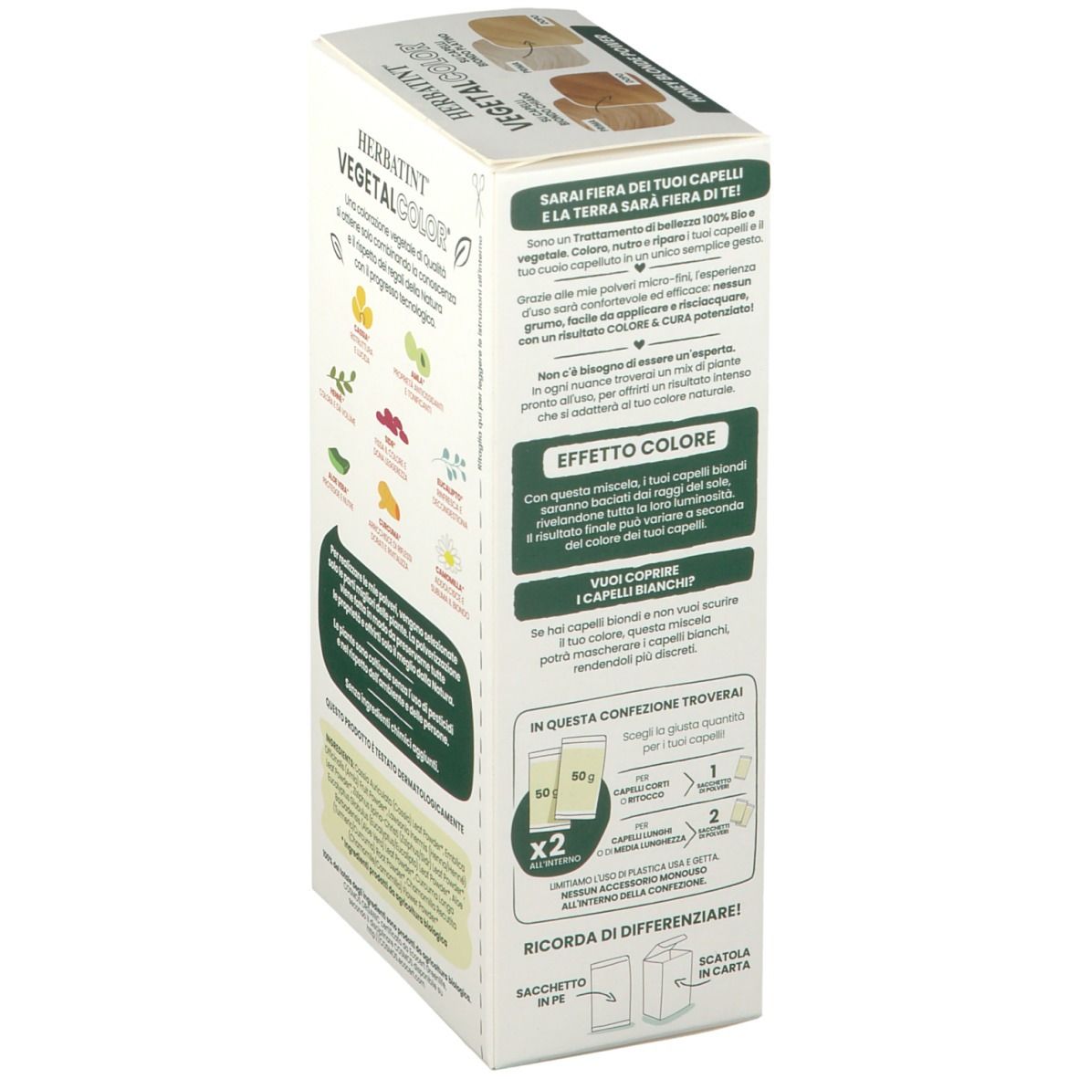 HERBATINT VEGETAL COLOR. Emballage avec illustration et texte. Dos avec informations et ingrédients.