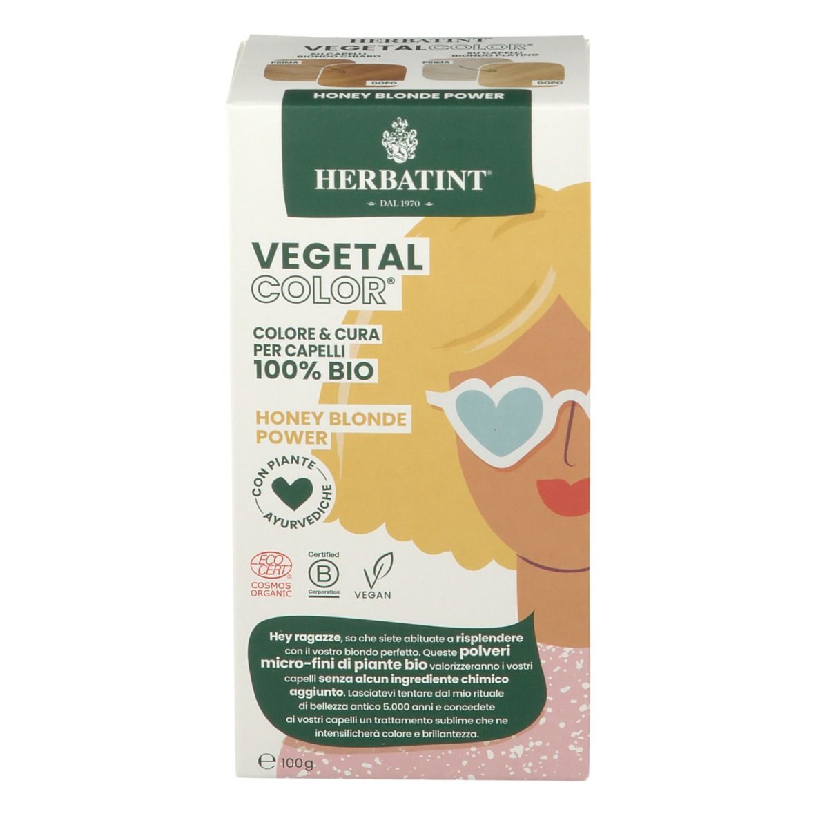 HERBATINT VEGETAL COLOR Honey Blonde Power. Boîte avec illustration et texte. Certifications vegan et bio.