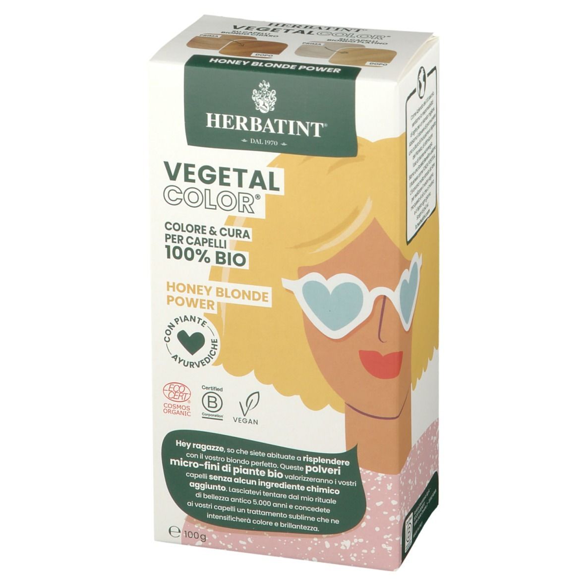 HERBATINT VEGETAL COLOR Honey Blonde Power. Boîte avec illustration et texte. Certifications vegan et bio.