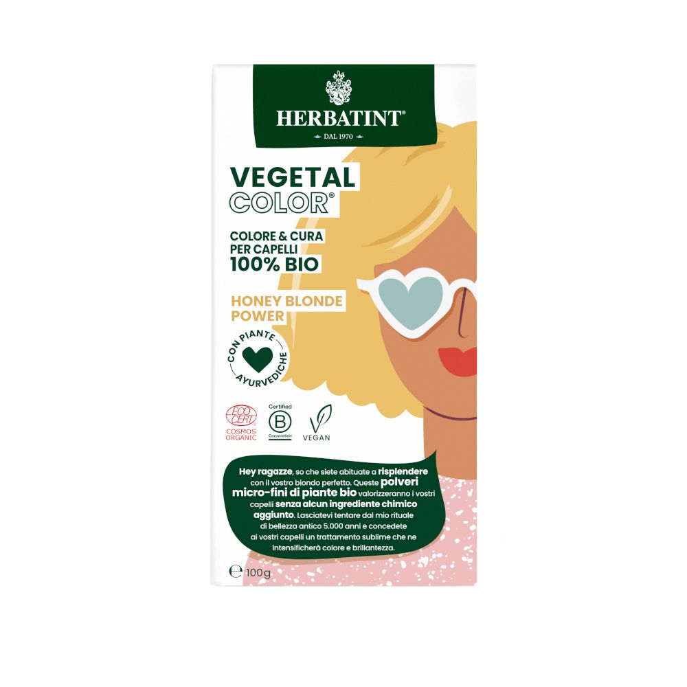 HERBATINT VEGETAL COLOR Honey Blonde Power. Boîte avec illustration et texte. Certifications vegan et bio.