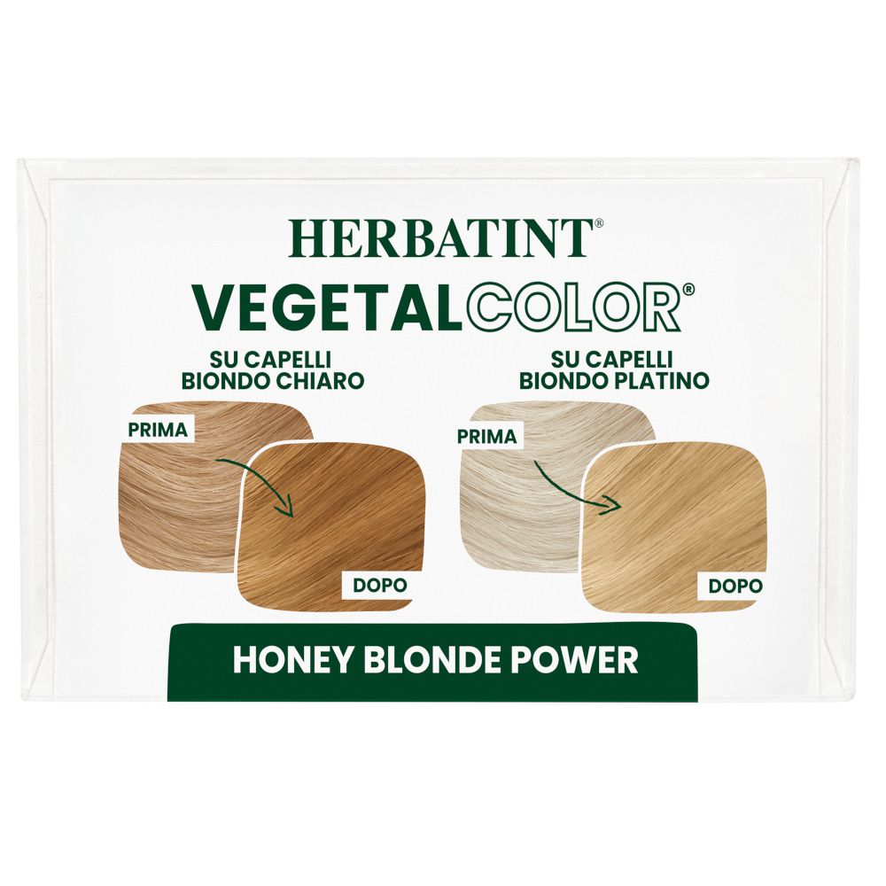 HERBATINT VEGETAL COLOR, exemples de couleurs blondes. Emballage avec nom du produit et résultats.