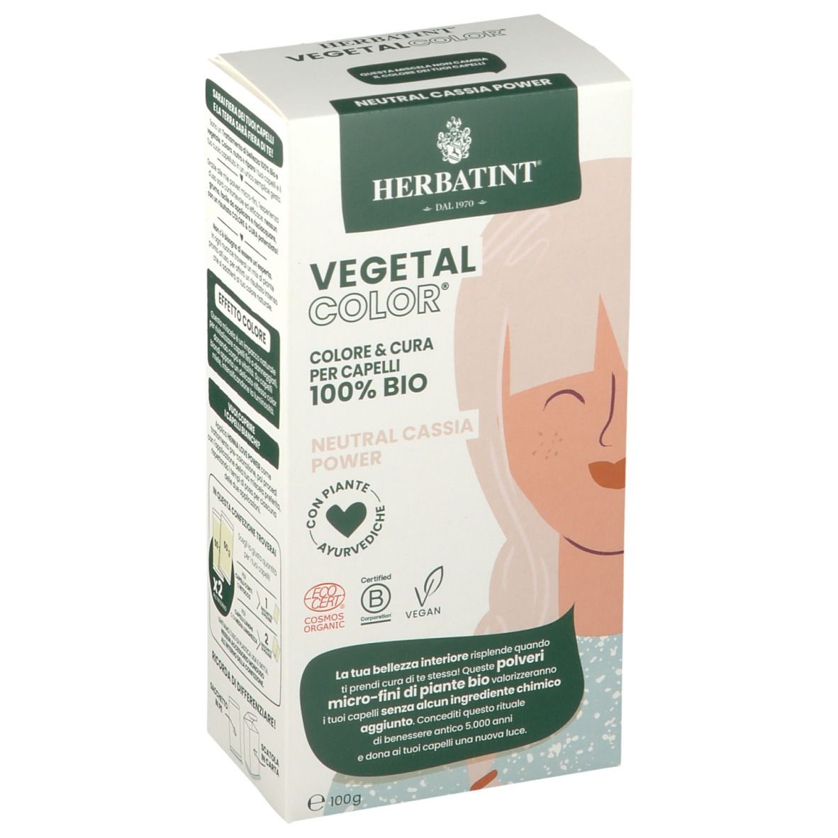 Confezione HERBATINT VEGETAL COLOR Neutral Cassia Power. Certificazioni bio e vegan. Illustrazione di donna bionda. Contiene polveri di piante.