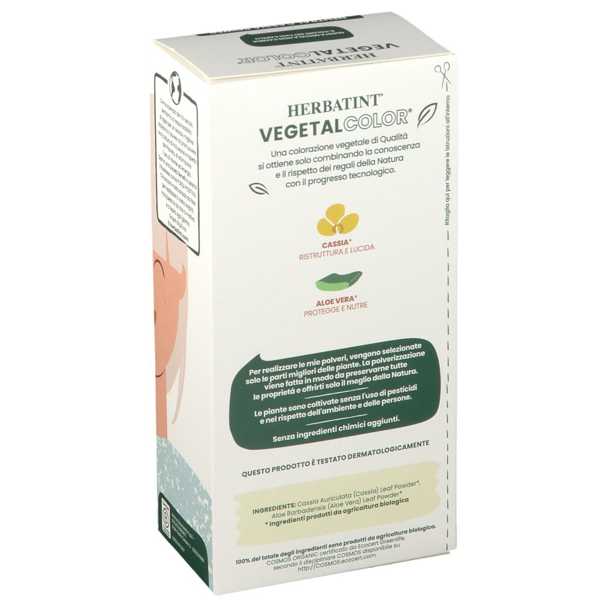 Confezione HERBATINT VEGETAL COLOR Neutral Cassia Power. Retro con testo. Ingredienti e certificazioni.