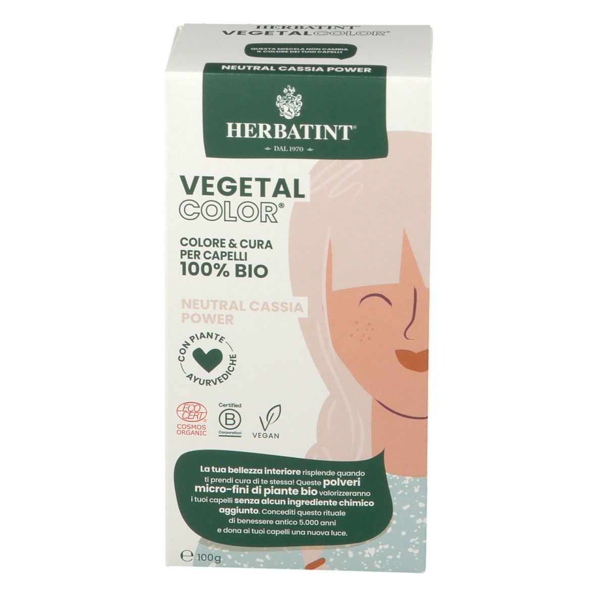 Confezione HERBATINT VEGETAL COLOR Neutral Cassia Power. Certificazioni bio e vegan. Illustrazione di donna bionda. Contiene polveri di piante.