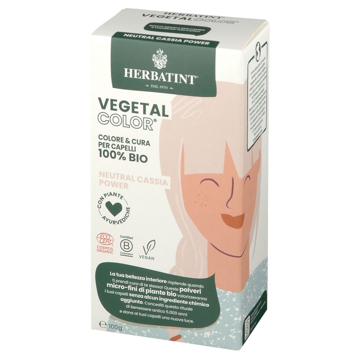 Confezione HERBATINT VEGETAL COLOR Neutral Cassia Power. Certificazioni bio e vegan. Illustrazione di donna bionda. Contiene polveri di piante.