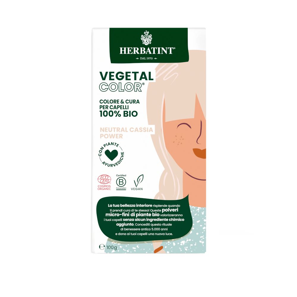 Confezione HERBATINT VEGETAL COLOR Neutral Cassia Power. Certificazioni bio e vegan. Illustrazione di donna bionda. Contiene polveri di piante.