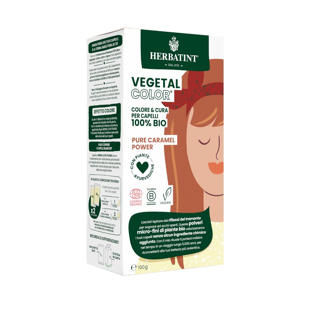 HERBATINT VEGETAL COLOR Pure Caramel Power. Confezione con immagine e logo. Certificazioni.