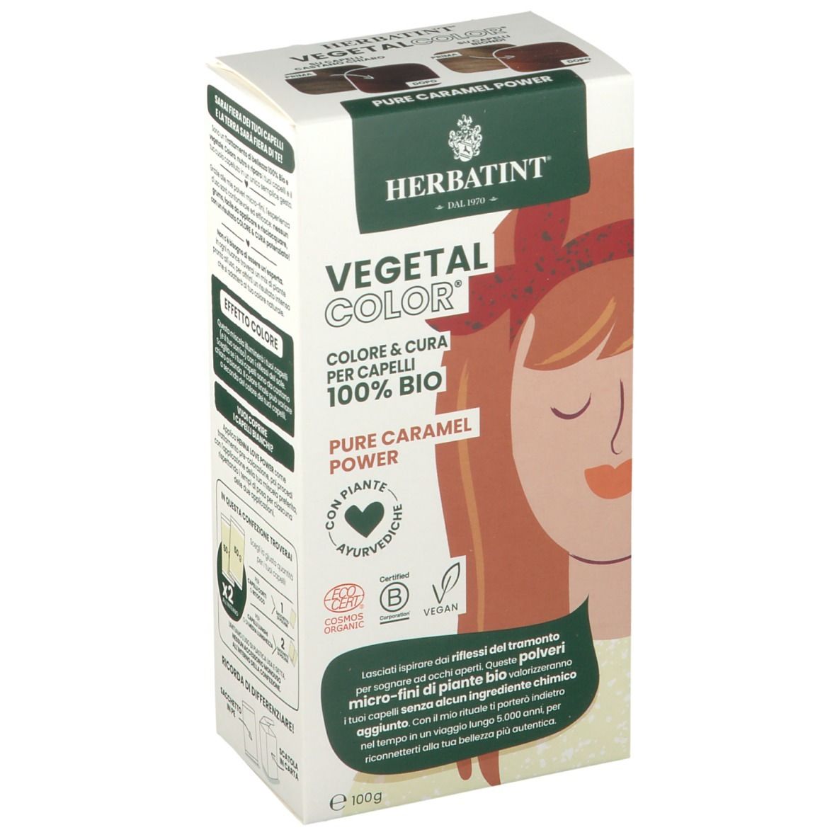 HERBATINT VEGETAL COLOR Pure Caramel Power. Confezione con immagine e logo. Certificazioni.