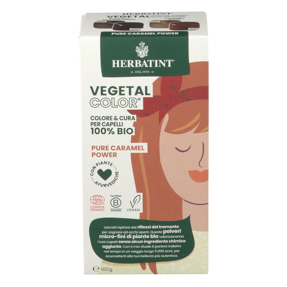 HERBATINT VEGETAL COLOR Pure Caramel Power. Confezione con immagine e logo. Certificazioni.