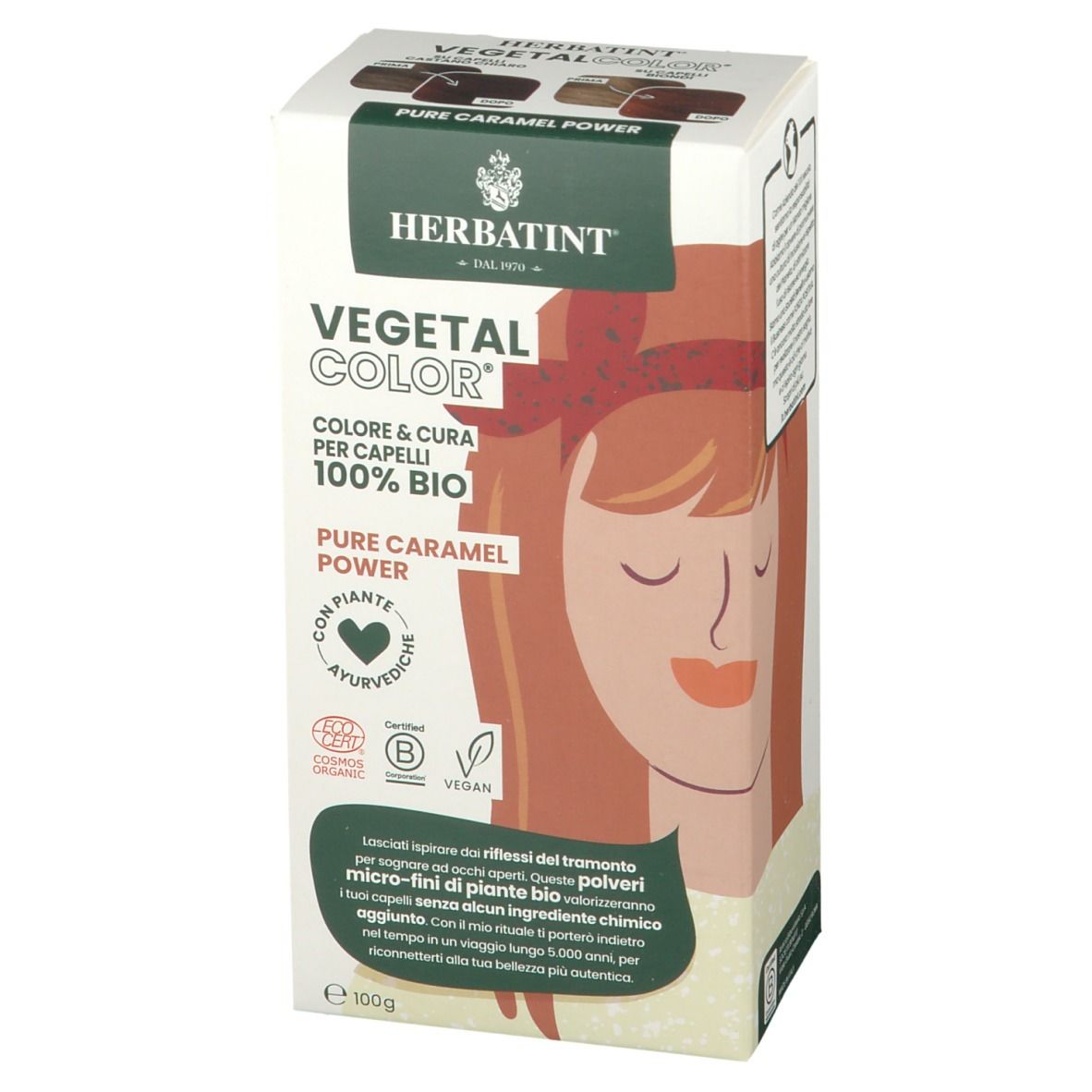 HERBATINT VEGETAL COLOR Pure Caramel Power. Confezione con immagine e logo. Certificazioni.