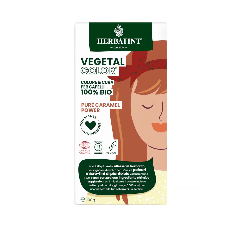HERBATINT VEGETAL COLOR Pure Caramel Power. Confezione con immagine e logo. Certificazioni.