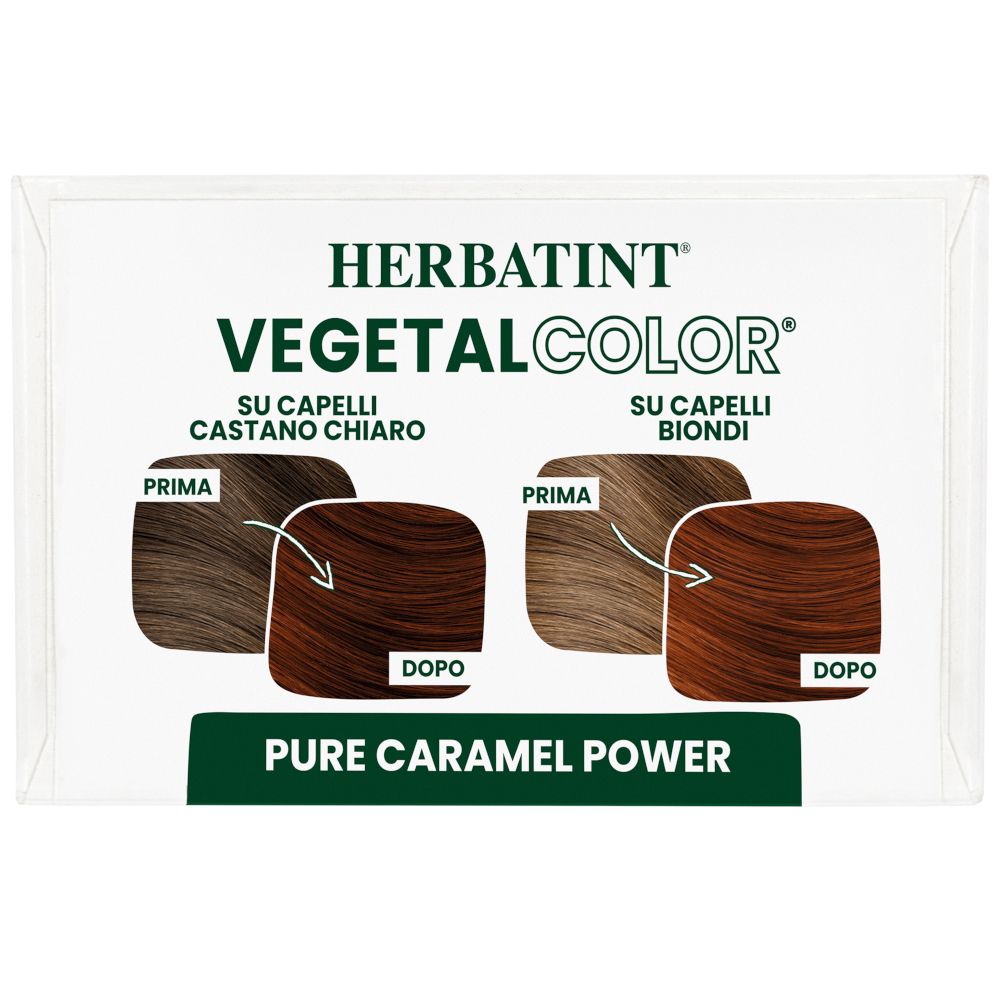 HERBATINT VEGETAL COLOR Pure Caramel Power. Confezione con risultati colore su diversi tipi di capelli.