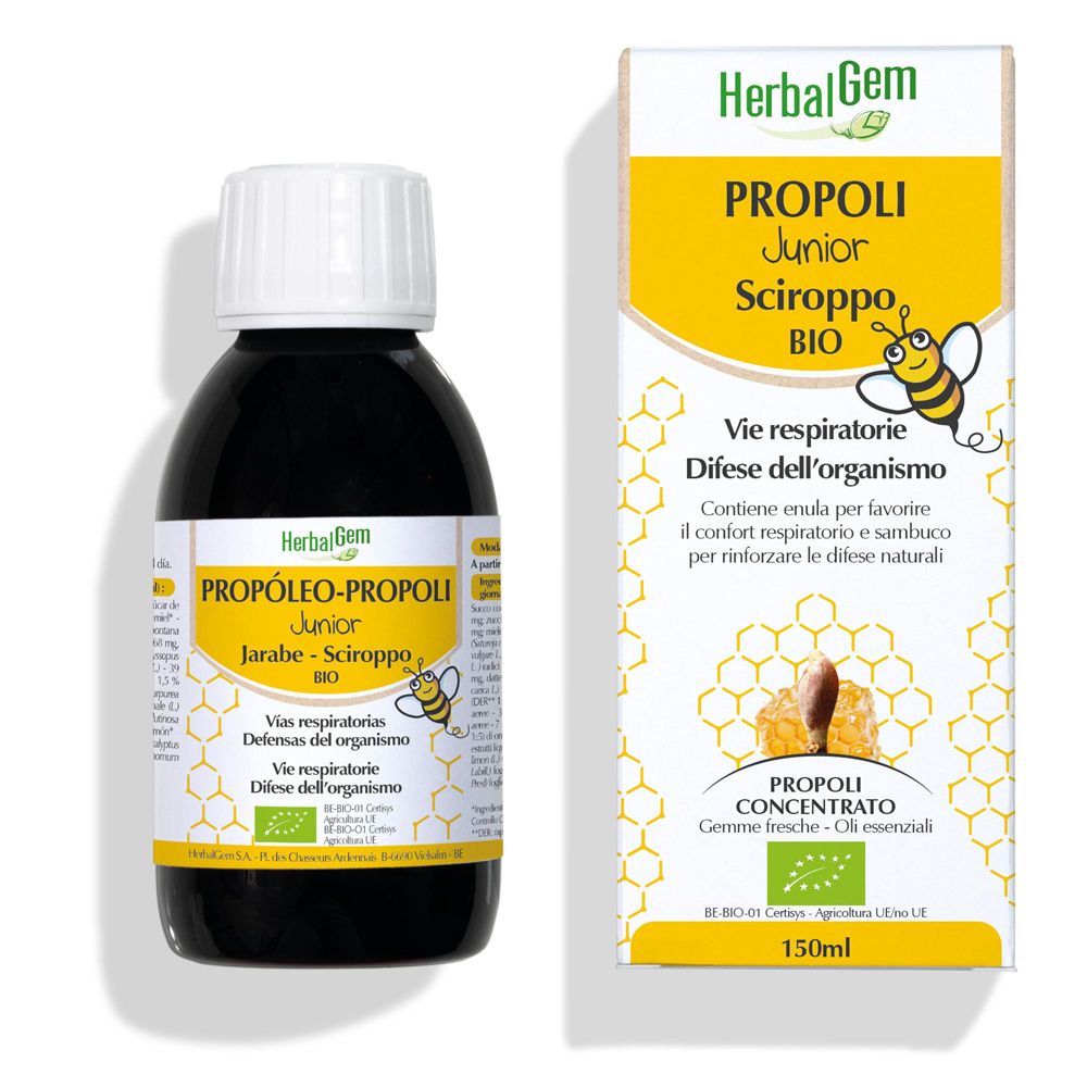 Flacone e scatola HerbalGem Propoli Junior BIO. Illustrazione di ape e favo.