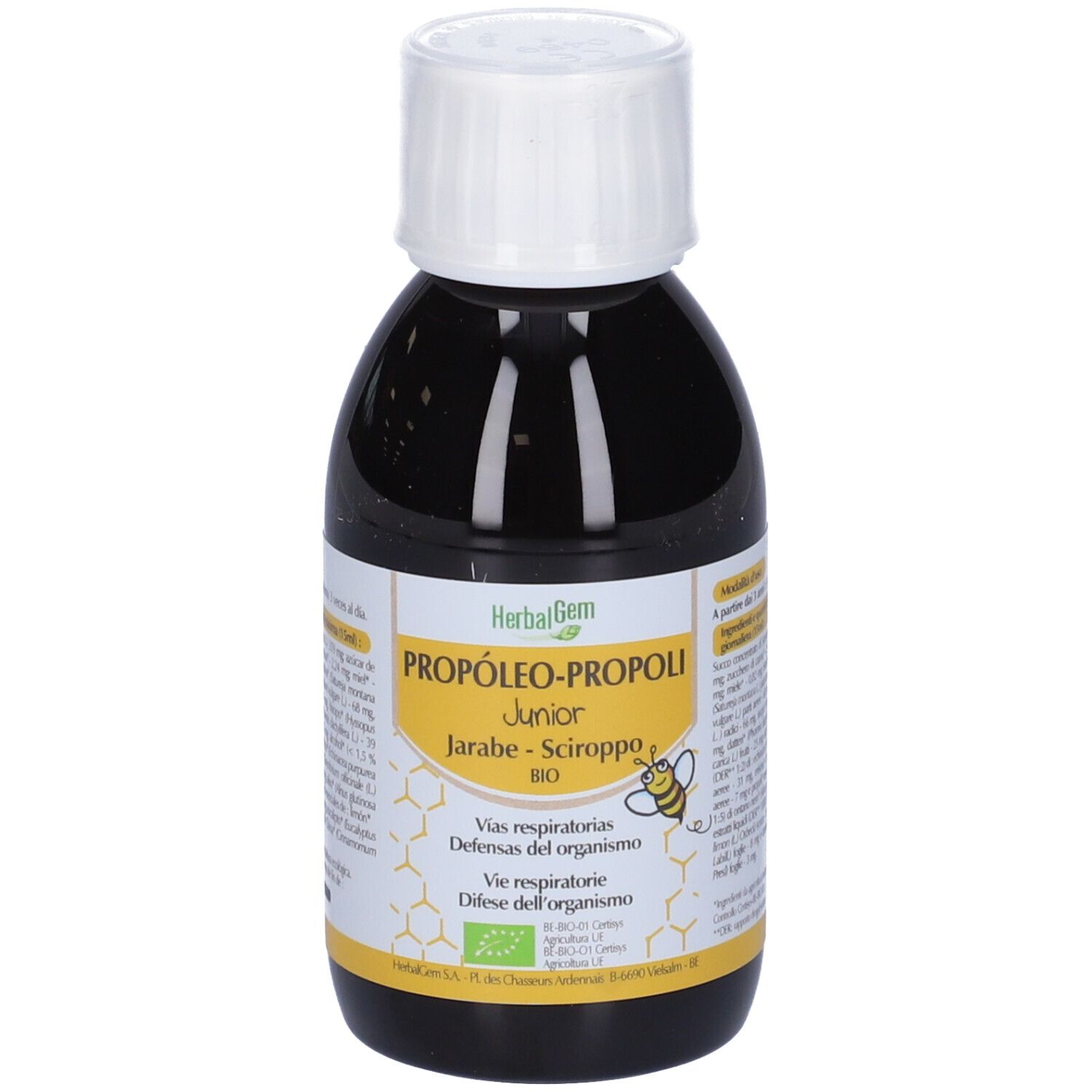 Flacone marrone con tappo bianco. Scritta: HerbalGem Propoli Junior BIO.