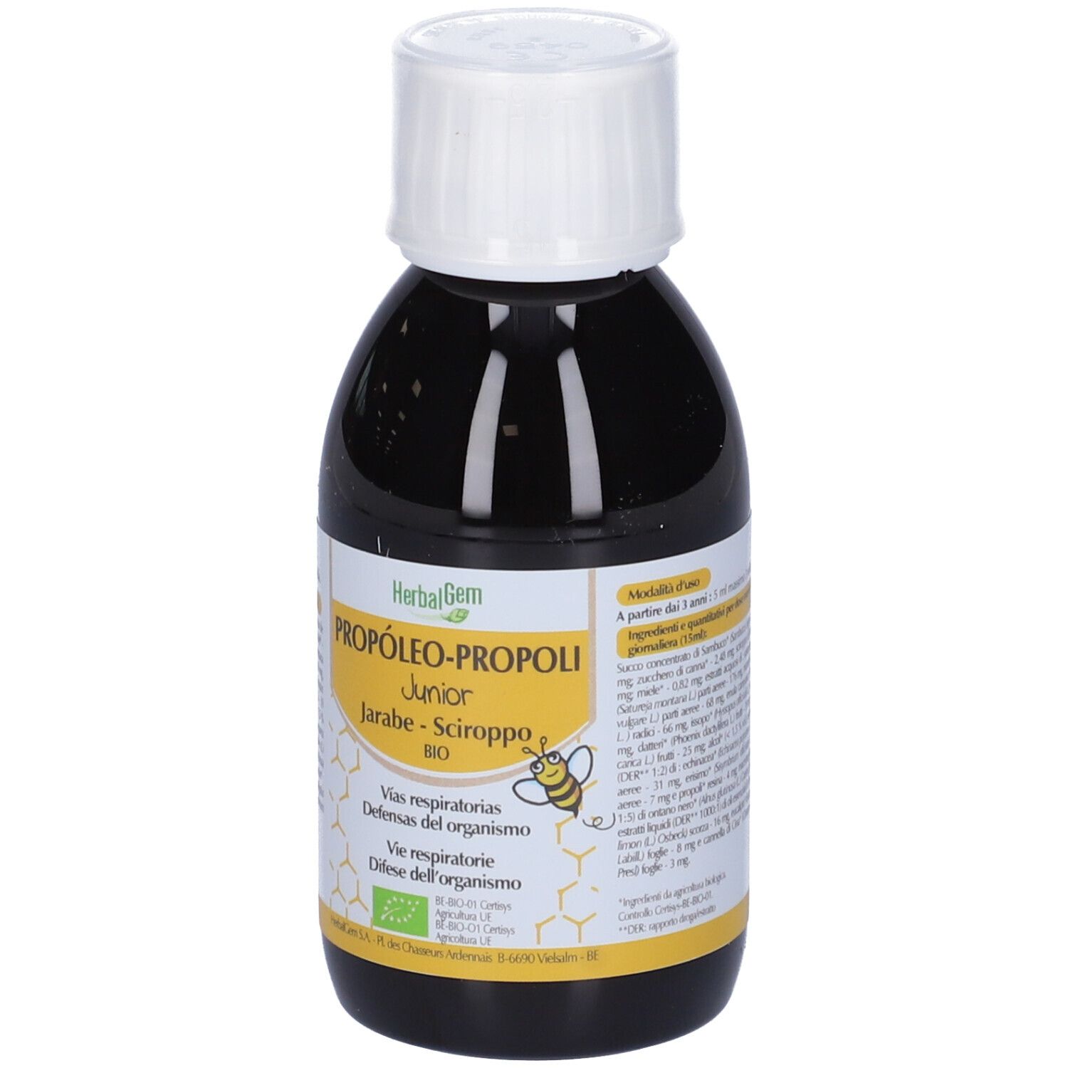 Flacone marrone con tappo bianco. Scritta: HerbalGem Propoli Junior BIO.
