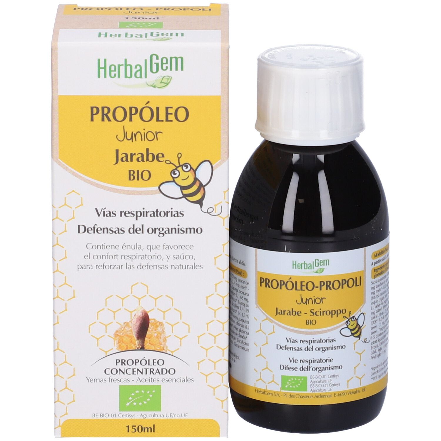 Flacone e scatola HerbalGem Propoli Junior BIO. Illustrazione di ape e favo.