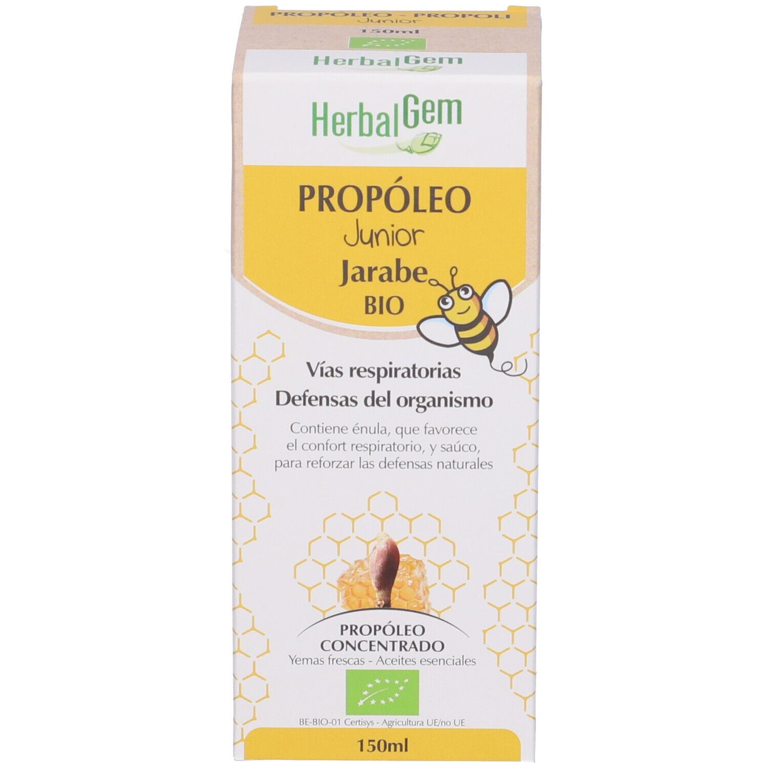 Scatola con scritta: HerbalGem Propoli Junior BIO. Illustrazione di ape e favo.