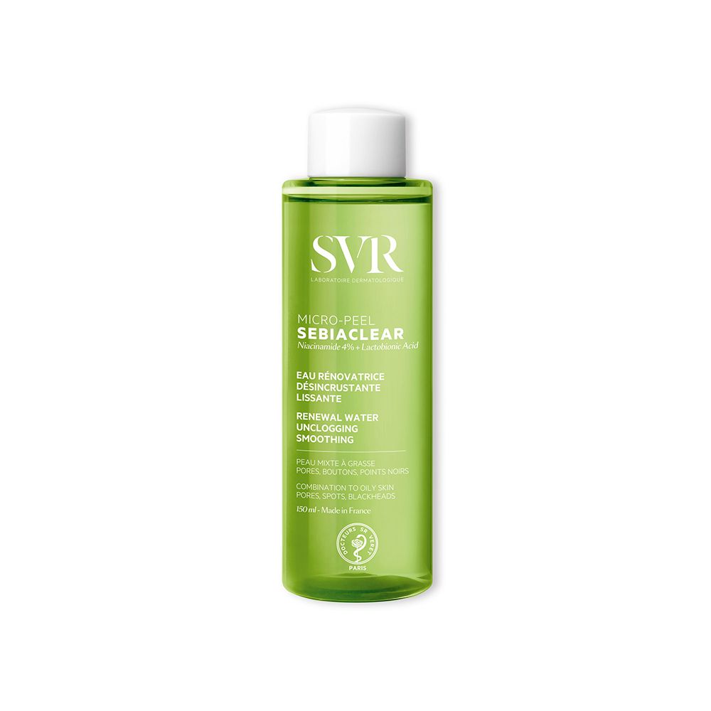 Flacone verde con tappo bianco. Scritte: SVR, Micro-Peel Sebiaclear. Testi in francese e inglese. 150ml.