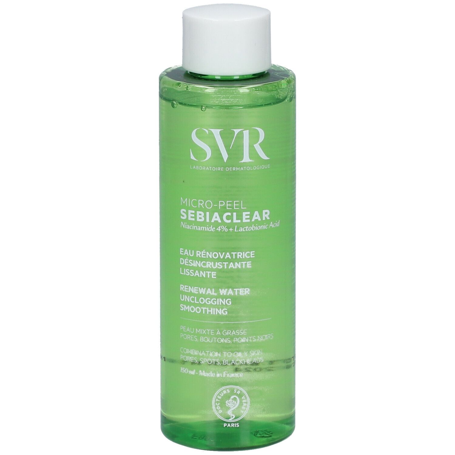 Flacone verde con tappo bianco. Scritte: SVR, Micro-Peel Sebiaclear. Testi in francese e inglese. 150ml.
