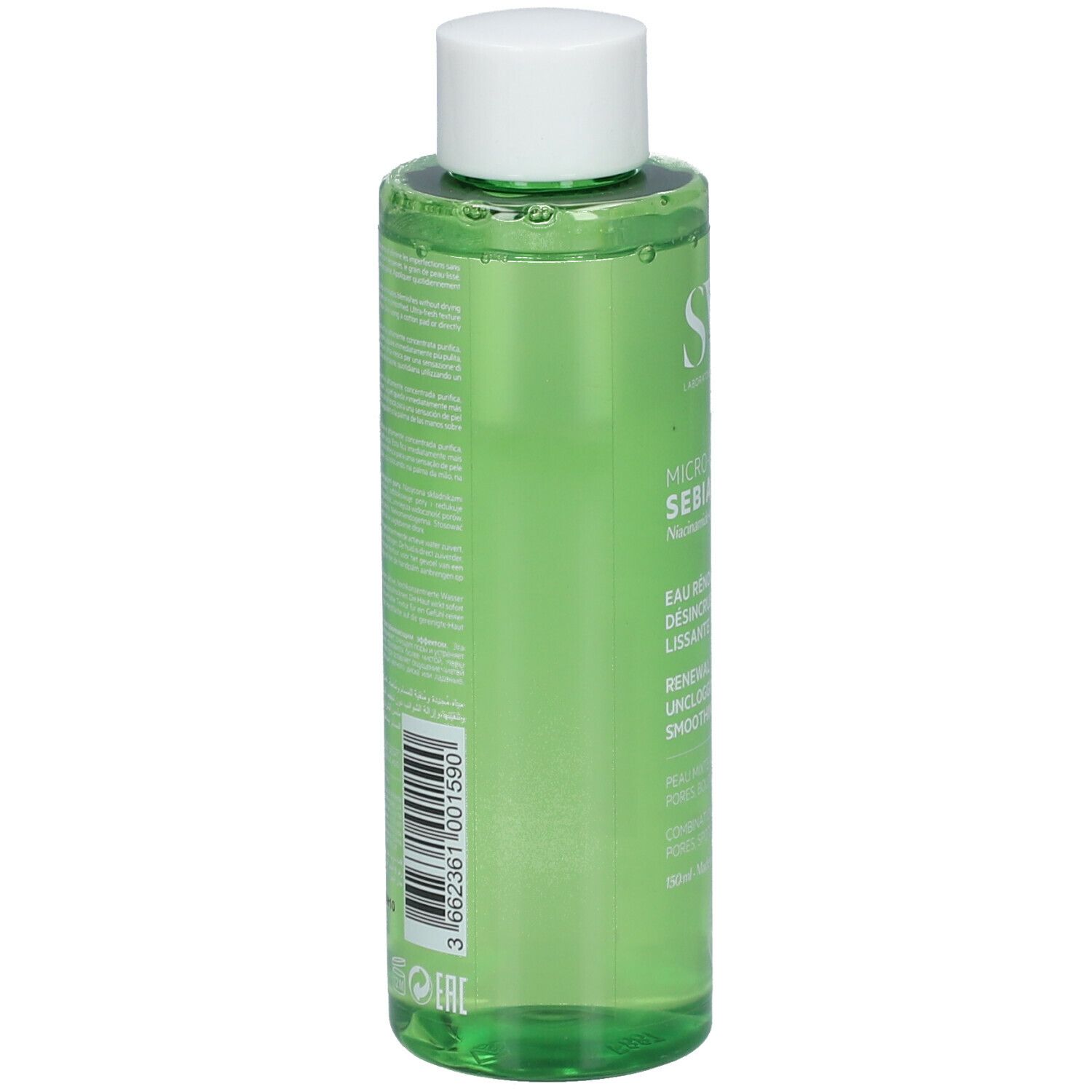 Retro di un flacone verde con tappo bianco. Testo e codice a barre. 150ml. Logo. Made in France.