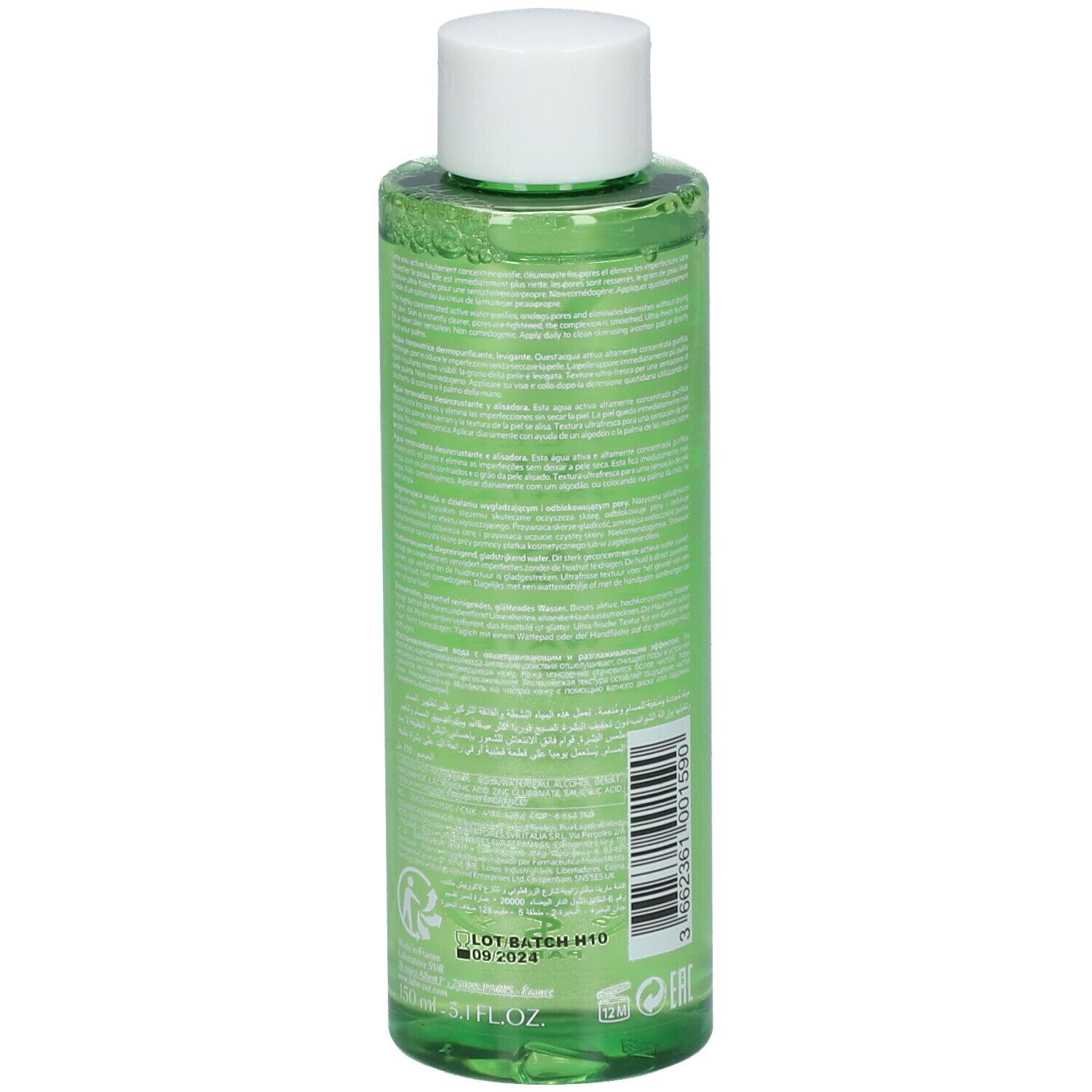 Retro di un flacone verde con tappo bianco. Testo e codice a barre. 150ml. Logo. Made in France.