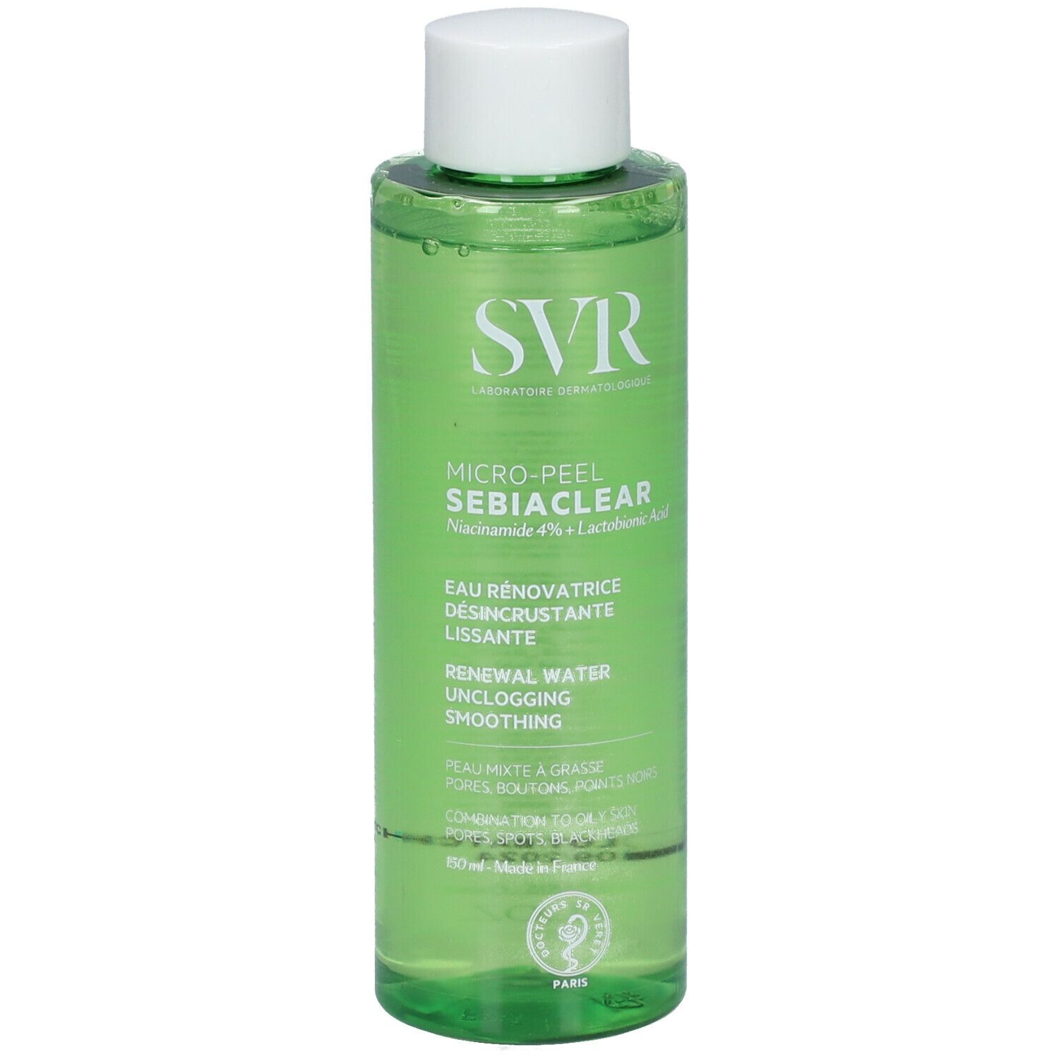 Flacone verde con tappo bianco. Scritte: SVR, Micro-Peel Sebiaclear. Testi in francese e inglese. 150ml.