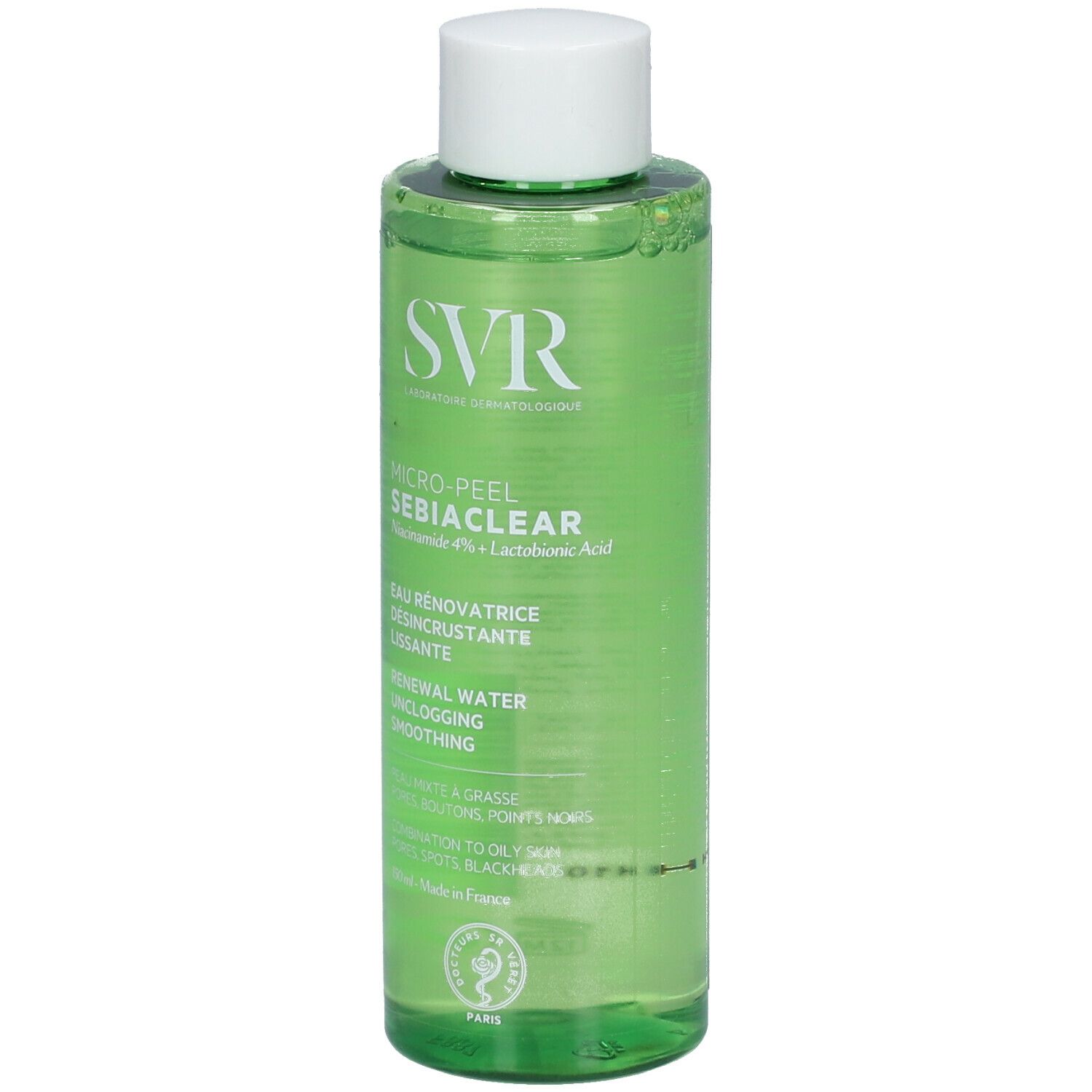 Flacone verde con tappo bianco. Scritte: SVR, Micro-Peel Sebiaclear. Testi in francese e inglese. 150ml.