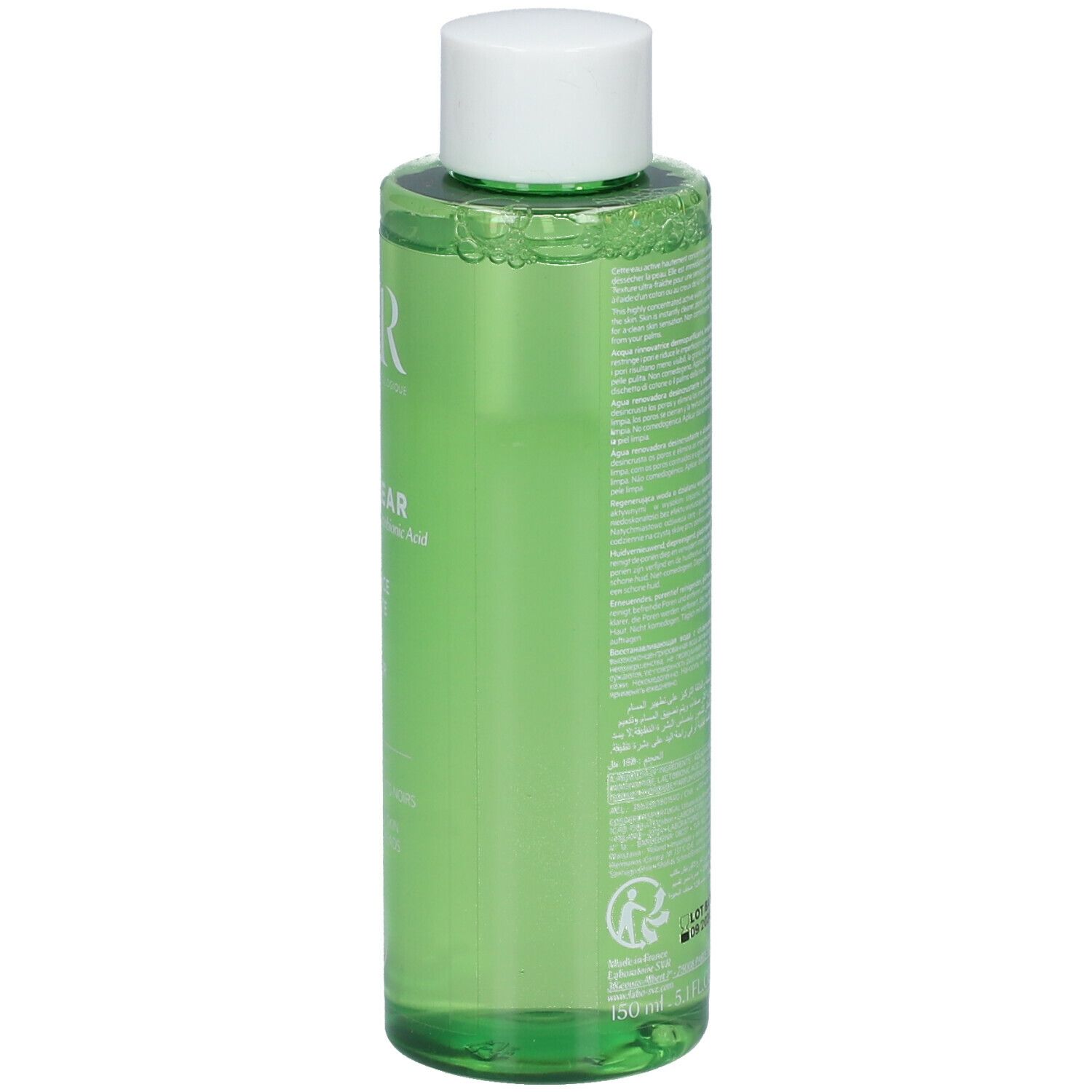 Retro di un flacone verde con tappo bianco. Testo e codice a barre. 150ml. Logo. Made in France.