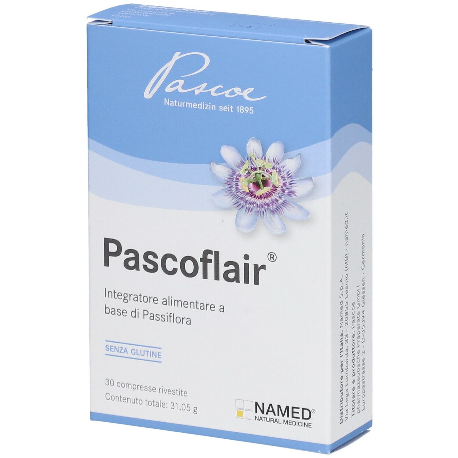 Scatola blu e bianca Pascoflair con illustrazione di fiore della passione. Contiene 30 compresse. NAMED Natural Medicine.