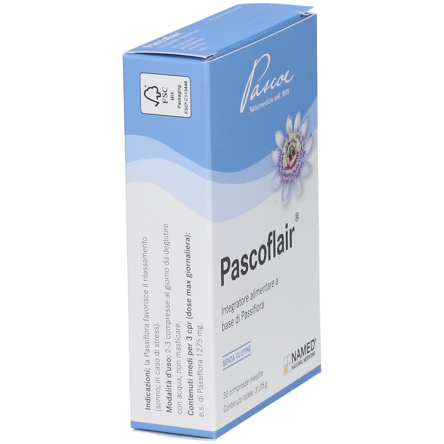 Scatola Pascoflair, blu e bianca. Testo: Pascoflair, Integratore alimentare a base di Passiflora. 30 compresse. NAMED.