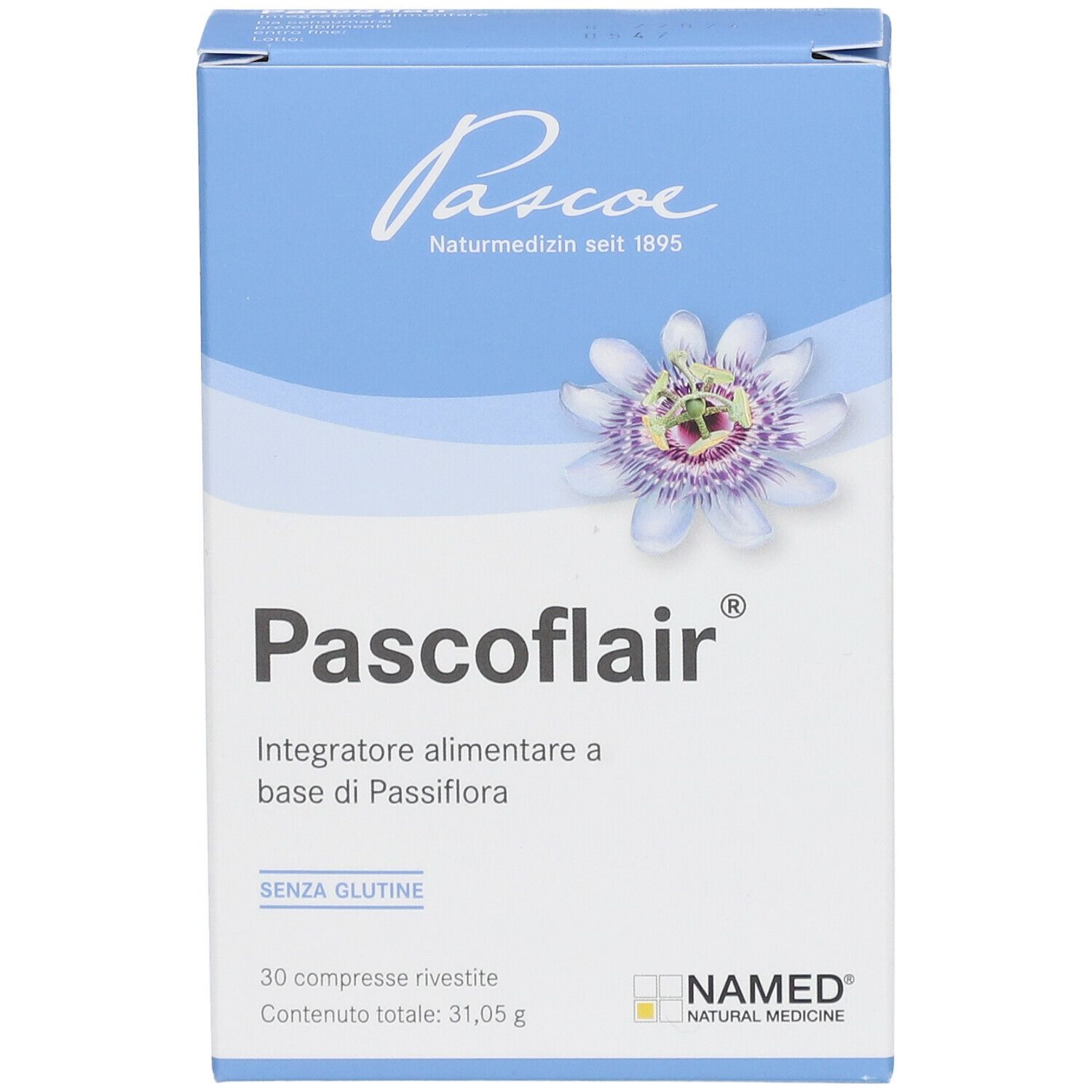 Scatola Pascoflair, blu e bianca. Logo, illustrazione fiore della passione. 30 compresse. NAMED Natural Medicine.
