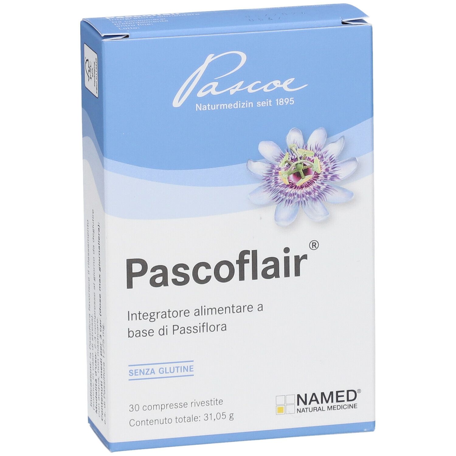 Scatola Pascoflair, blu e bianca. Logo, illustrazione fiore della passione. 30 compresse. NAMED Natural Medicine.