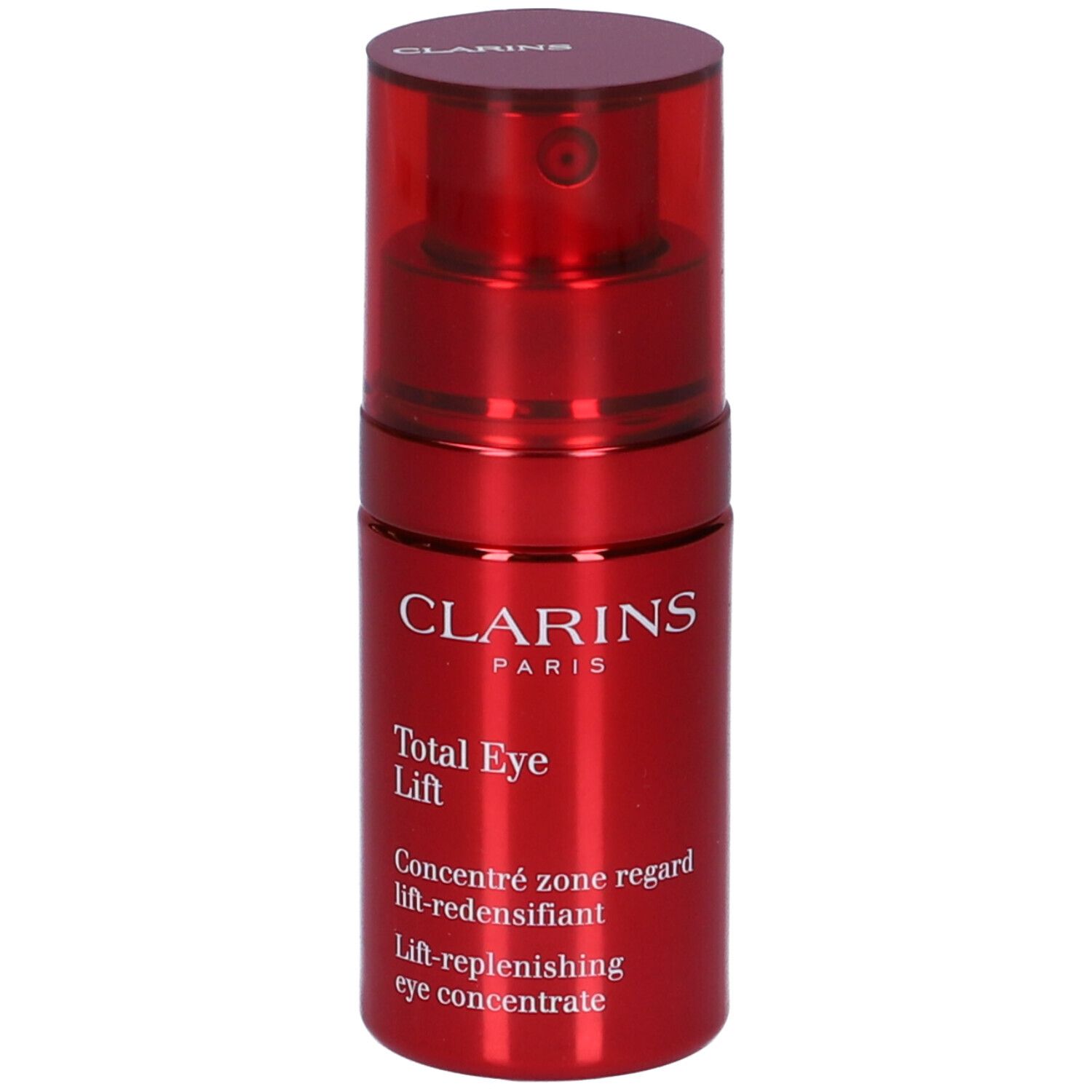 Flacone rosso con erogatore. Scritta: Clarins Total Eye Lift. Concentrato per il contorno occhi.