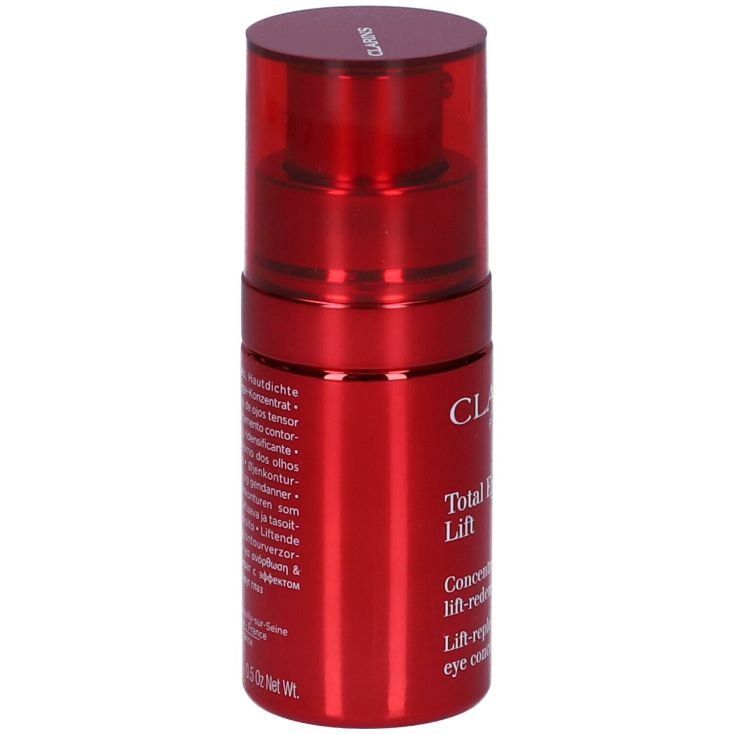 Flacone rosso con erogatore. Scritta: Clarins Total Eye Lift. Testo multilingue sul retro.