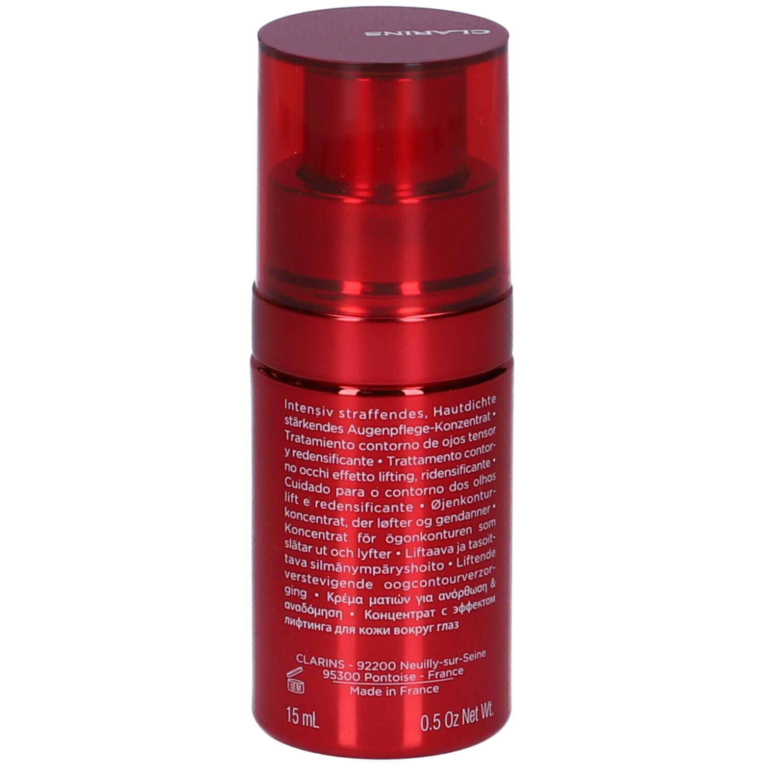 Flacone rosso con erogatore. Scritta: Clarins Total Eye Lift. Testo e volume sul retro.