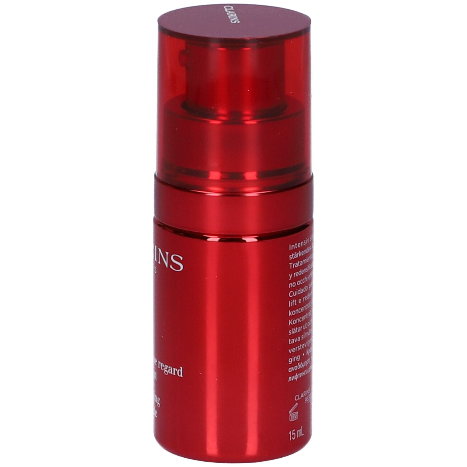 Flacone rosso con erogatore. Scritta: Clarins Total Eye Lift. Concentrato per il contorno occhi.