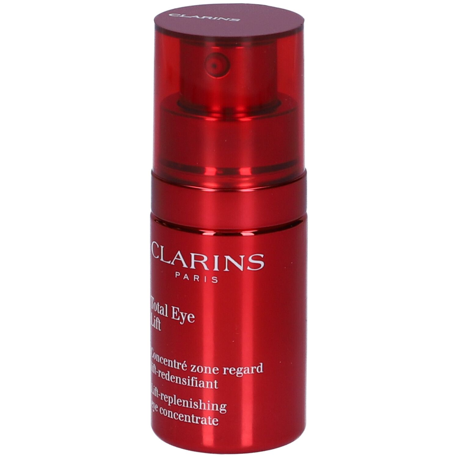 Flacone rosso con erogatore. Scritta: Clarins Total Eye Lift. Concentrato per il contorno occhi.
