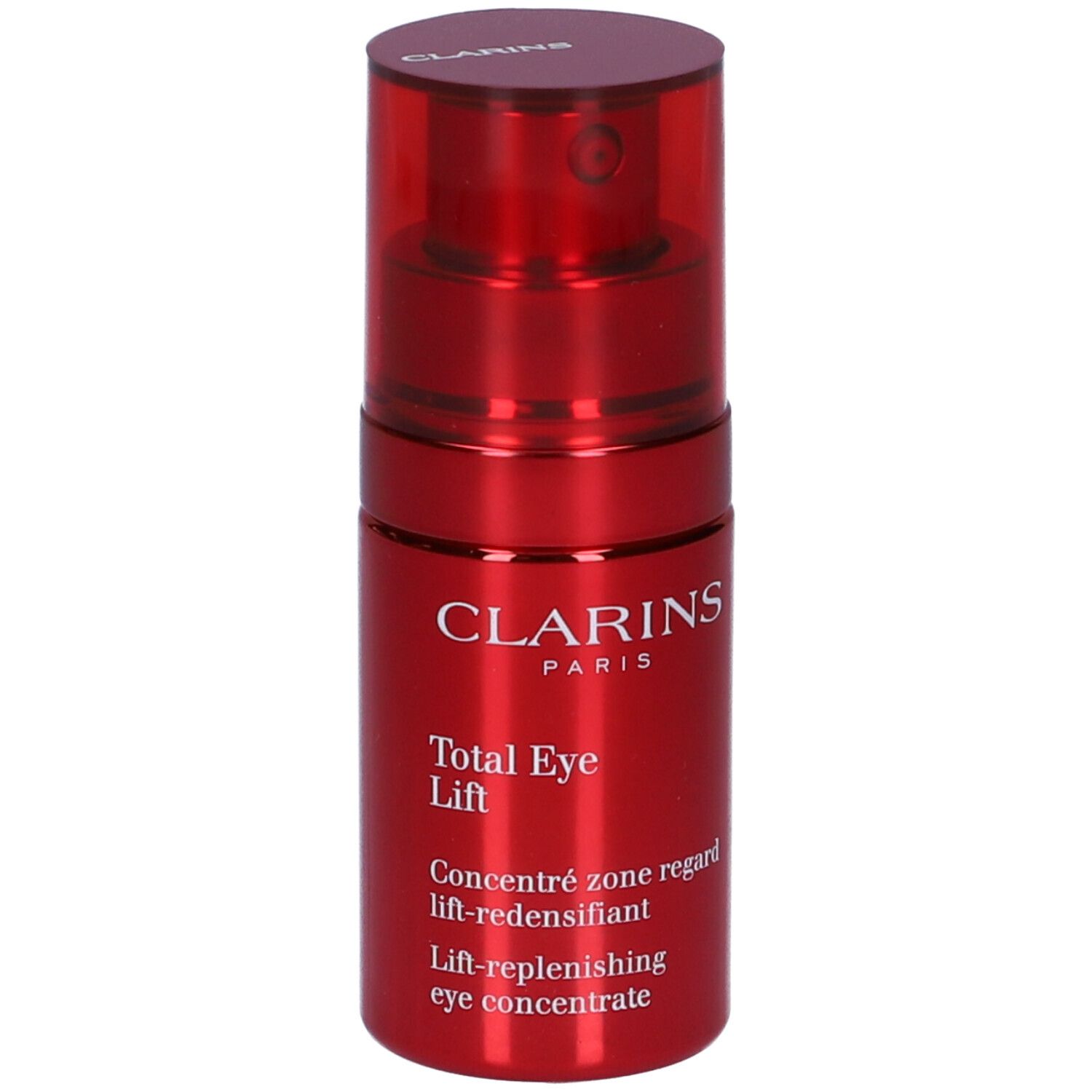 Flacone rosso con erogatore. Scritta: Clarins Total Eye Lift. Concentrato per il contorno occhi.