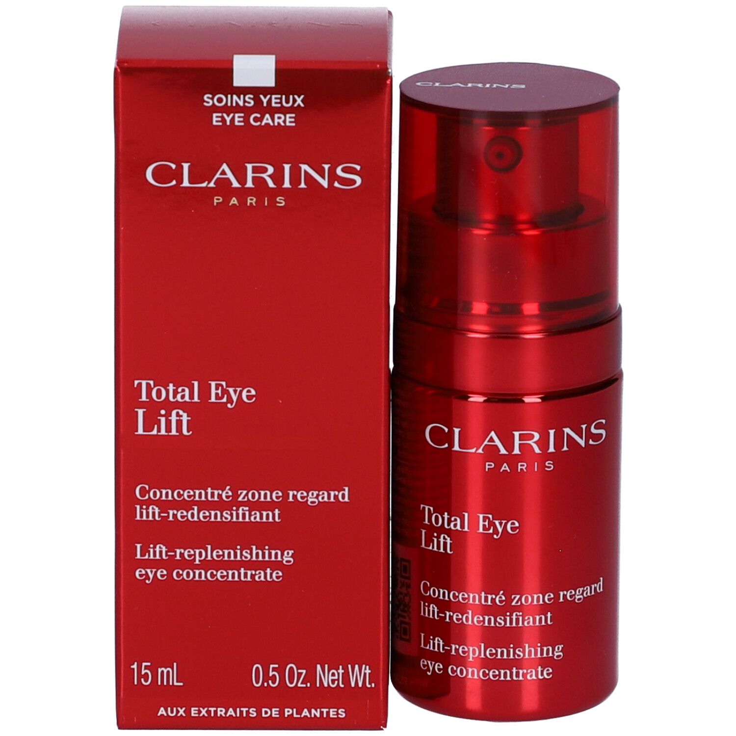 Scatola e flacone rossi. Scritta: Clarins Total Eye Lift. Concentrato per il contorno occhi. 15 ml.