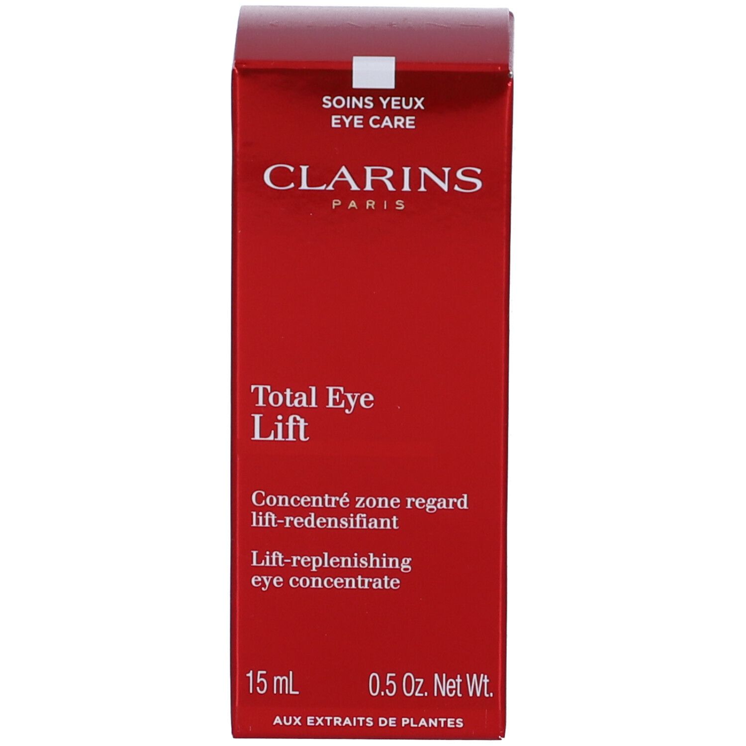 Scatola rossa. Scritta: Clarins Total Eye Lift. Concentrato per il contorno occhi. 15 ml.